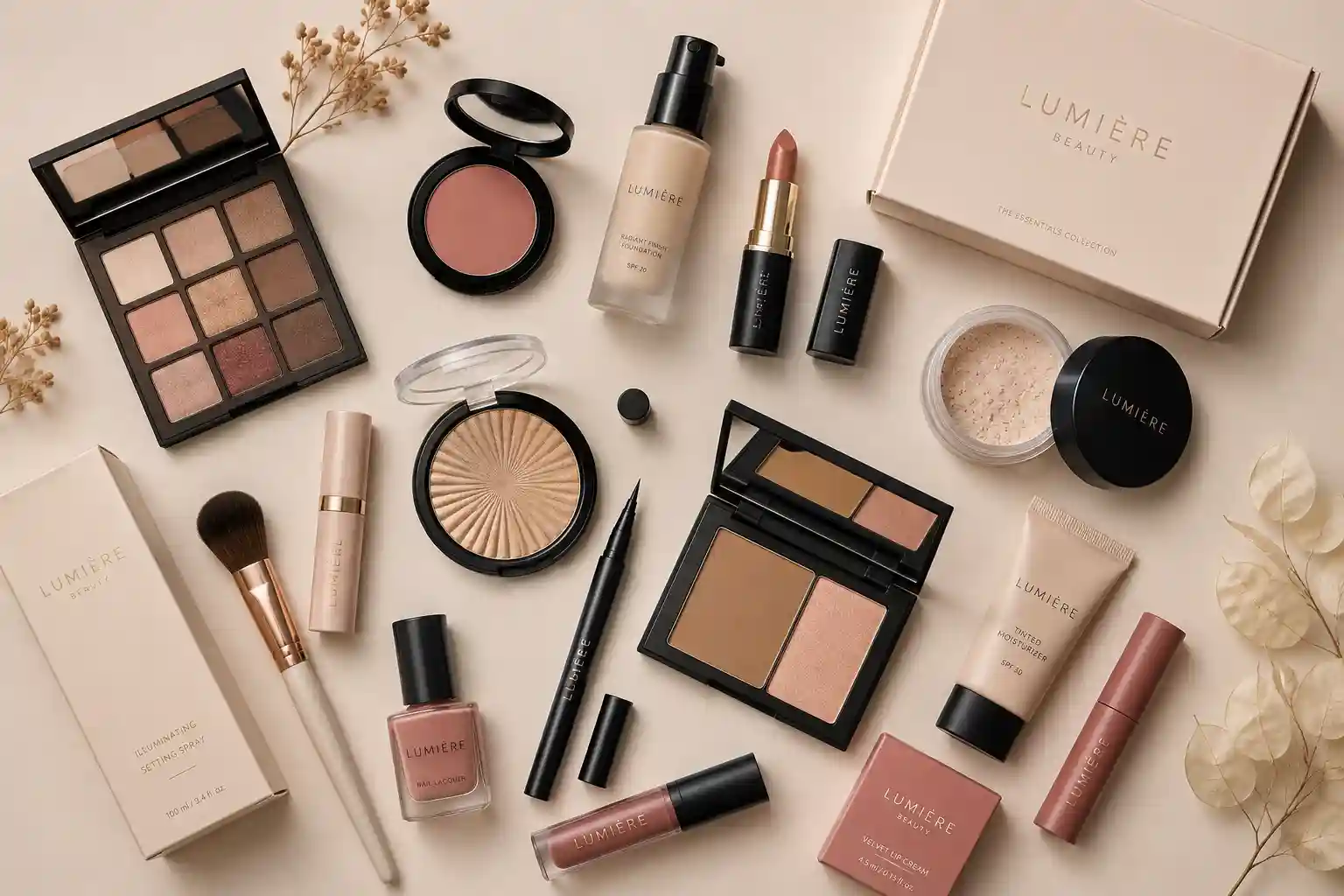 A flat lay of foundation, lipstick, blush, an eyeshadow palette, and brushes with their retail packaging on a cream background