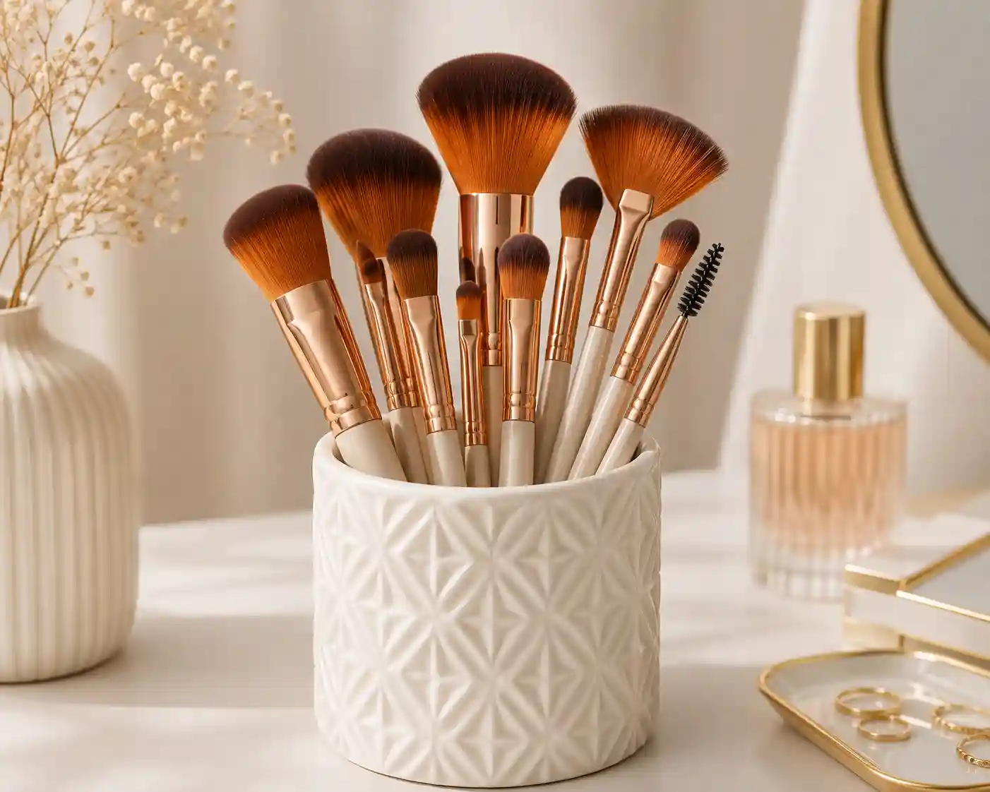 A fanned row of makeup brushes in graduated sizes laid on a cream marble surface