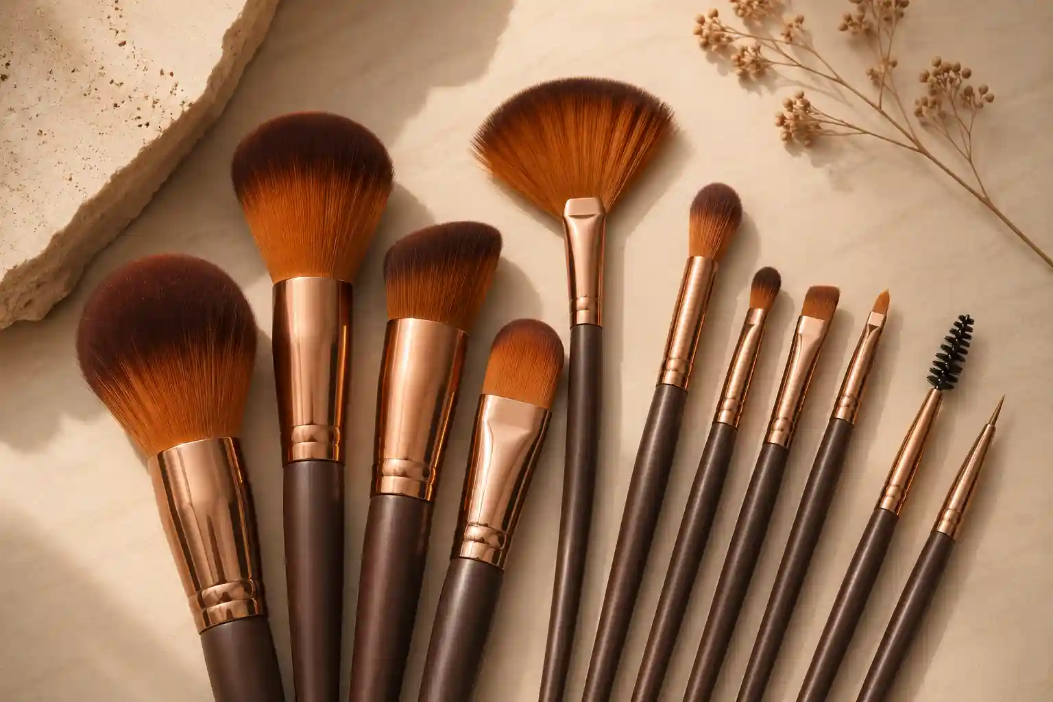 A set of makeup brushes with rose-gold ferrules standing in a textured white ceramic holder